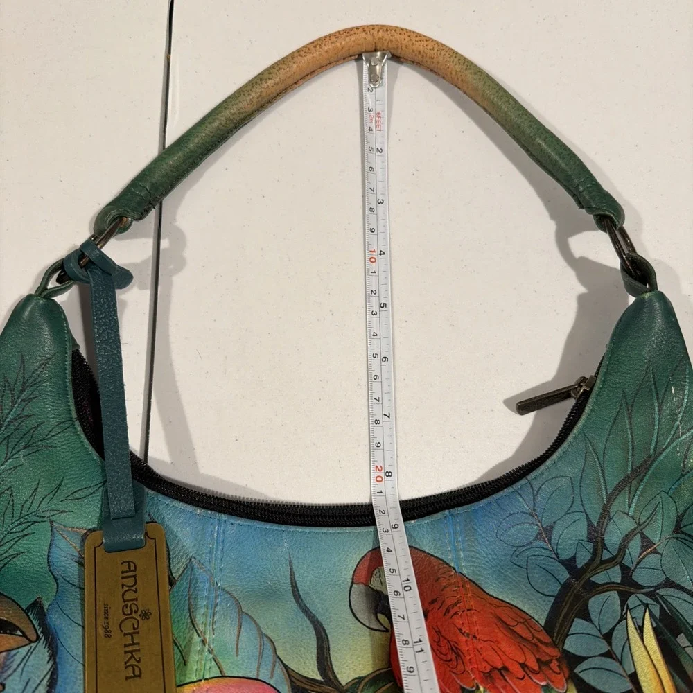 Anuschka Leather Hobo Tropical Bliss‎ Hand Painted Purse Brass Hardware Birds